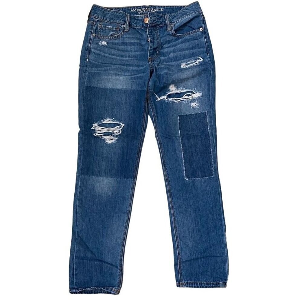 American Eagle Tomgirl Distressed Button Fly Jeans Size 4 Patched Cotton Denim